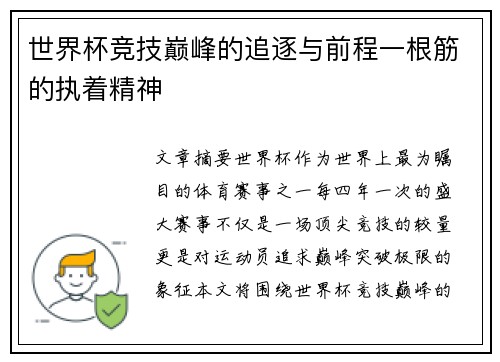 世界杯竞技巅峰的追逐与前程一根筋的执着精神