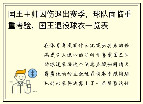 国王主帅因伤退出赛季，球队面临重重考验，国王退役球衣一览表