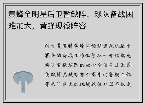黄蜂全明星后卫暂缺阵，球队备战困难加大，黄蜂现役阵容