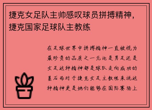 捷克女足队主帅感叹球员拼搏精神，捷克国家足球队主教练
