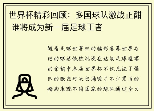 世界杯精彩回顾：多国球队激战正酣 谁将成为新一届足球王者