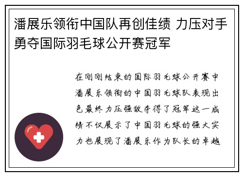 潘展乐领衔中国队再创佳绩 力压对手勇夺国际羽毛球公开赛冠军