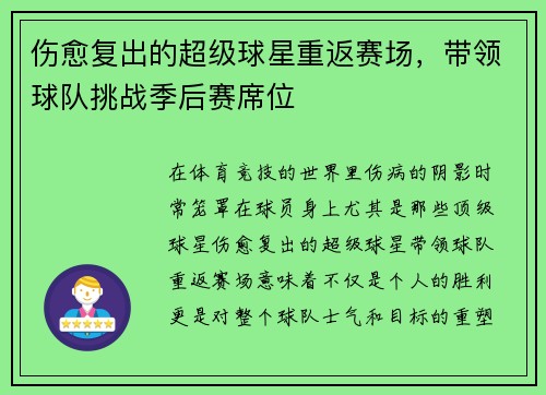 伤愈复出的超级球星重返赛场，带领球队挑战季后赛席位