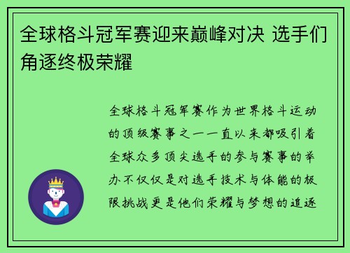 全球格斗冠军赛迎来巅峰对决 选手们角逐终极荣耀