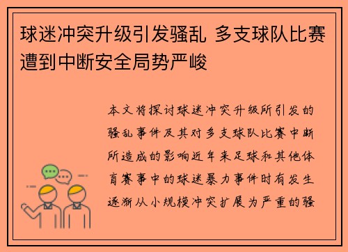 球迷冲突升级引发骚乱 多支球队比赛遭到中断安全局势严峻